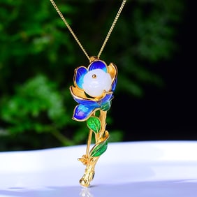 An Exquisite Sterling Silver-Gold Plated Inlaid White Jade Enamel Pendant