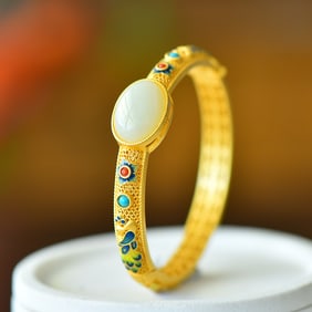 An Exquisite Sterling Silver-Gold Plated Inlaid White Jade Bracelet