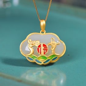 An Exquisite  Sterling Silver-Gold Plated Inlaid White Jade Enamel Necklace