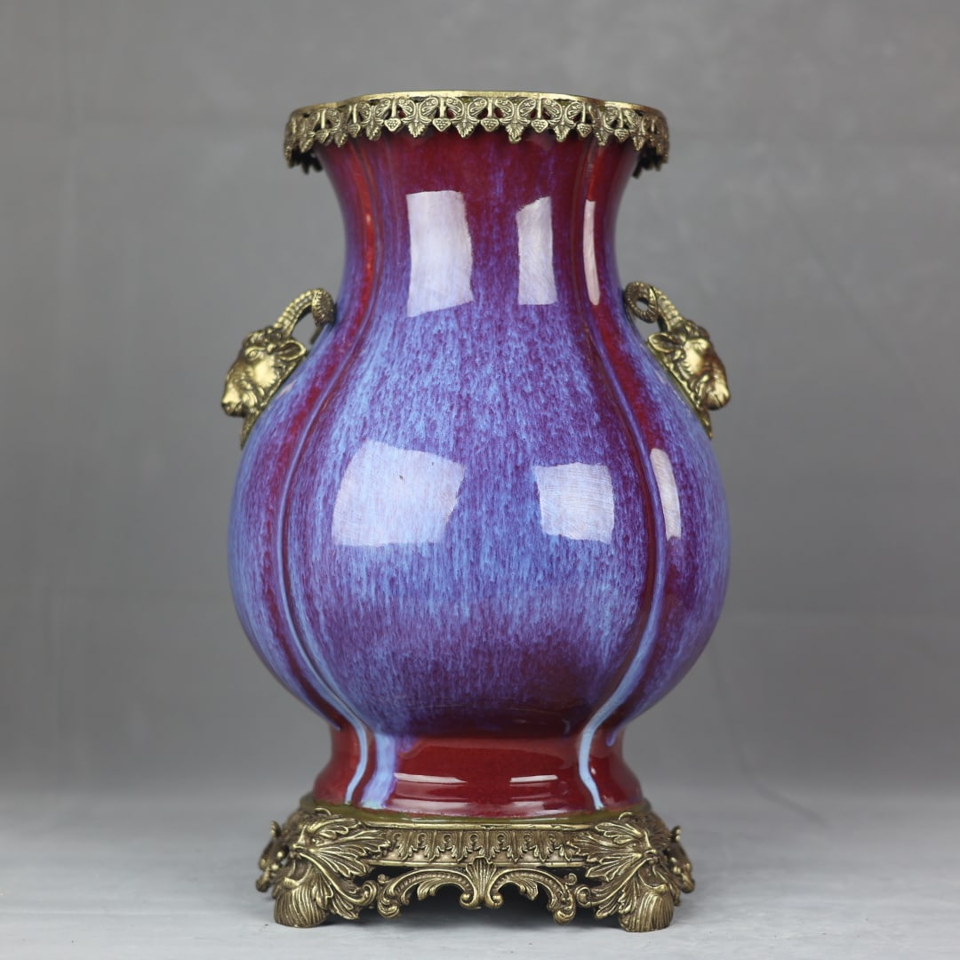 A Huge Flambe Glazed Inlaid Bronze Sheep-Ears Vase (1 of 9)