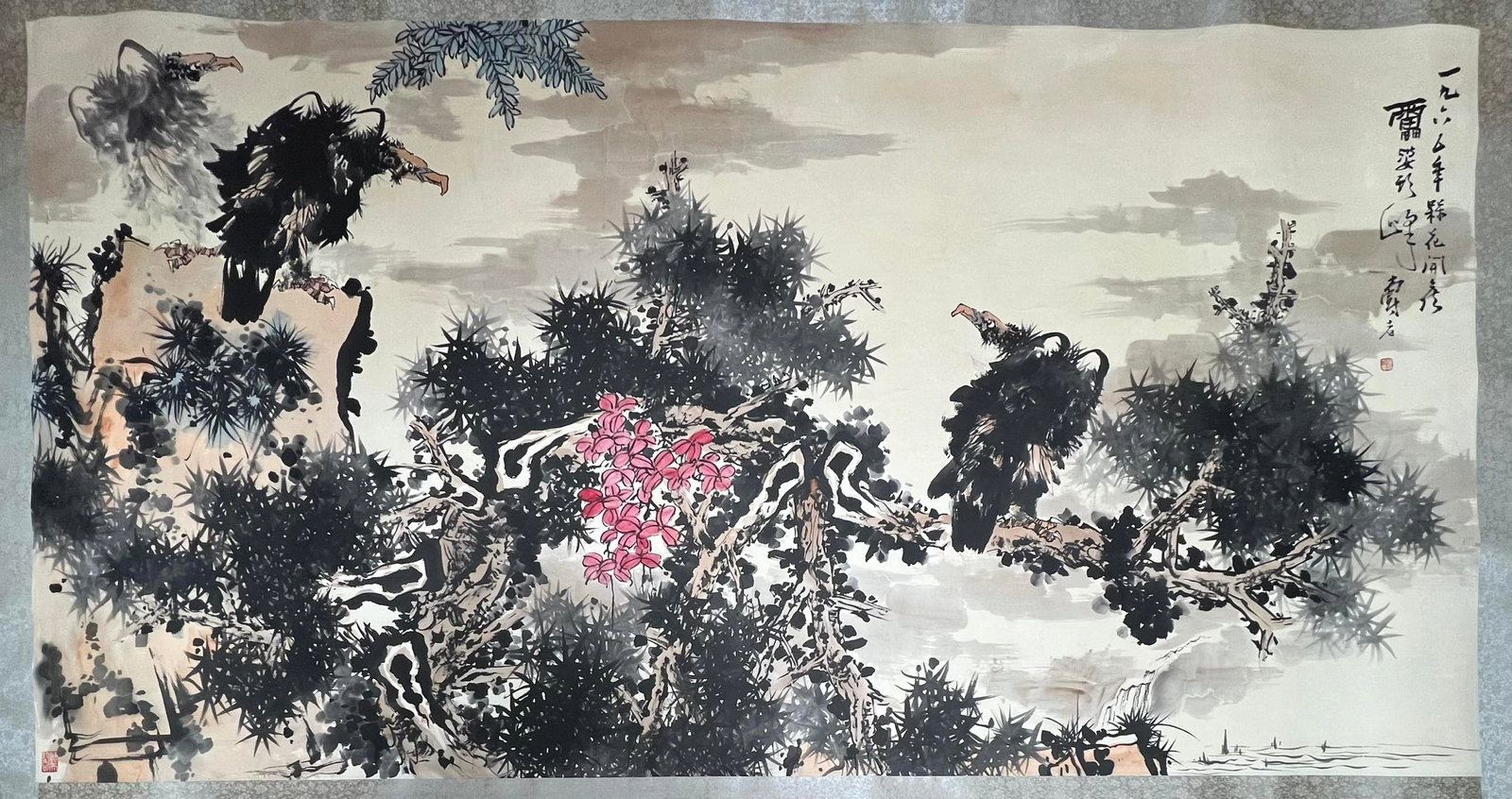 A Chinese Ink Painting of Flower on Paper: A Chinese Ink Painting of Flower on Paper,Pan Tianshou,Size:48.8inx93.7in 一幅中国水墨花卉画,潘天寿