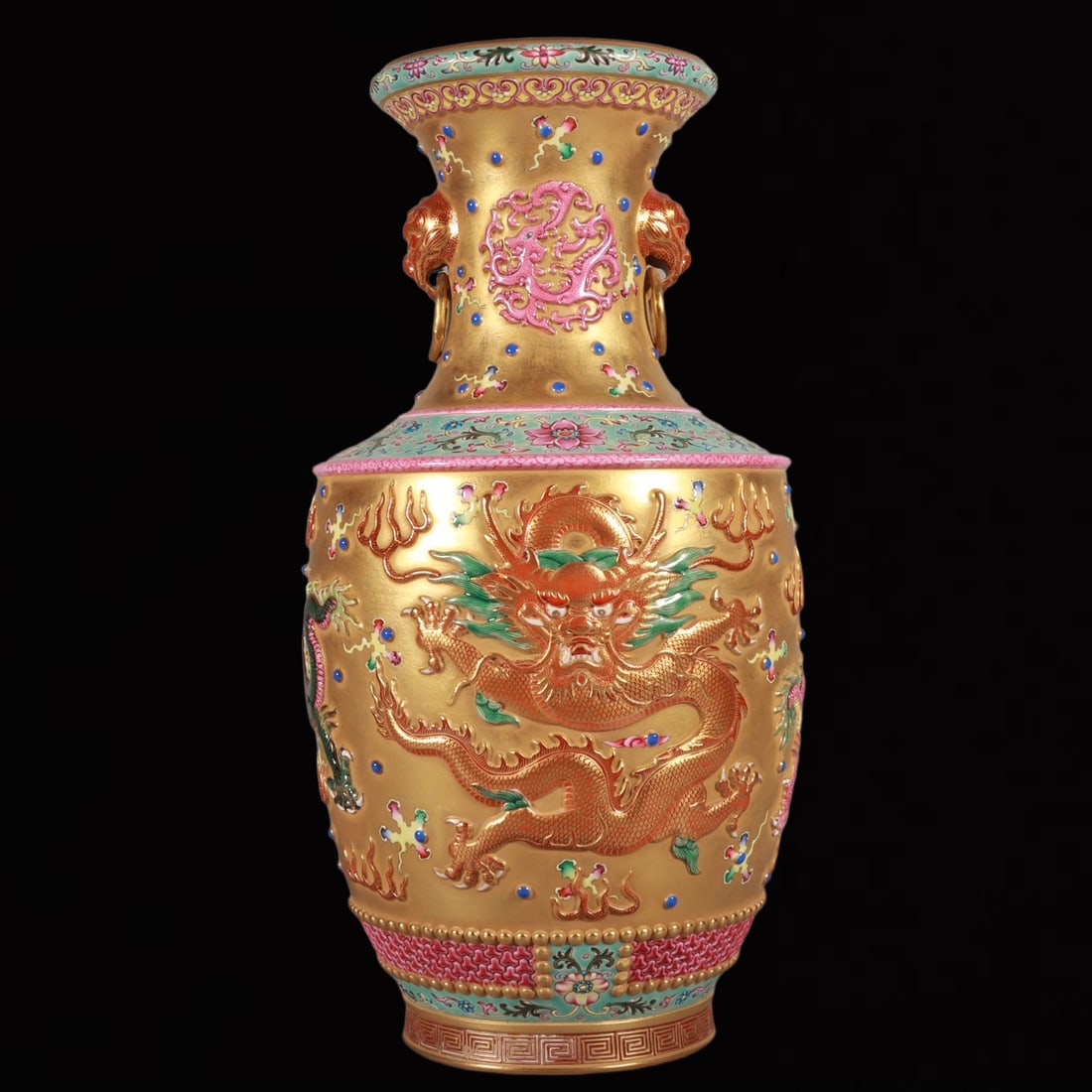 A Rare Enamel Gold Ground Dragon Pattern Lion-Ears Vase (1 of 9)