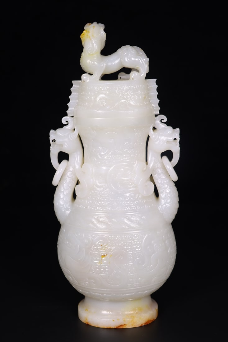 A Pair of Exquisite White Jade Dragon Pattern Dragon-Ears Bottles - 3