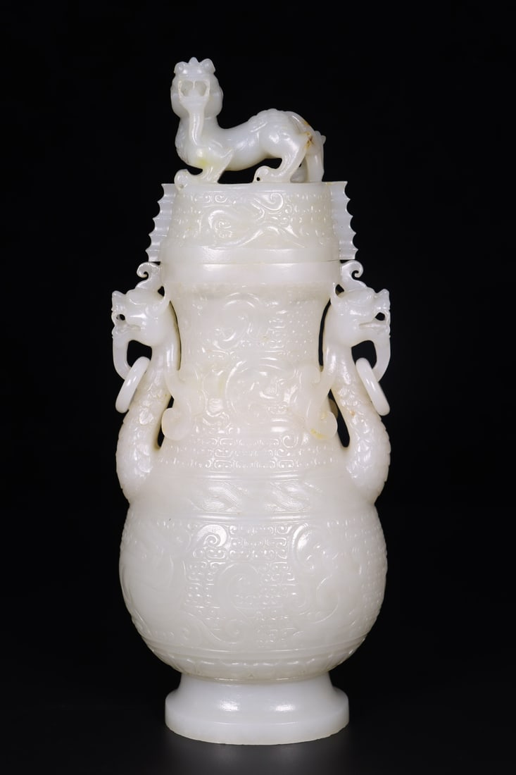 A Pair of Exquisite White Jade Dragon Pattern Dragon-Ears Bottles - 4