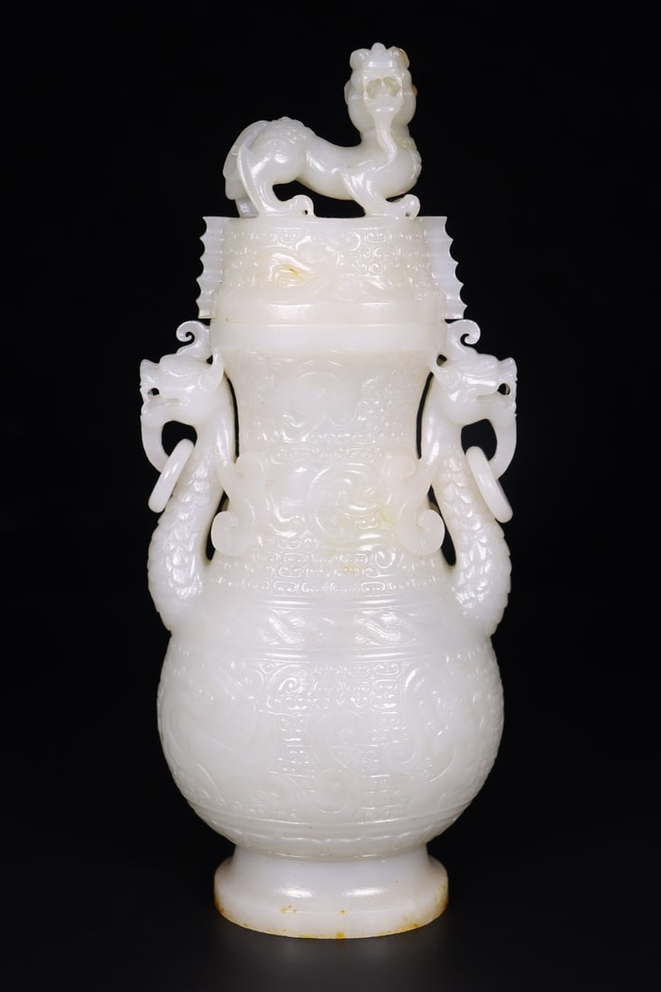 A Pair of Exquisite White Jade Dragon Pattern Dragon-Ears Bottles - 5