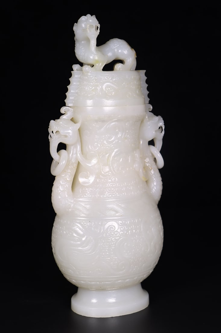 A Pair of Exquisite White Jade Dragon Pattern Dragon-Ears Bottles - 6