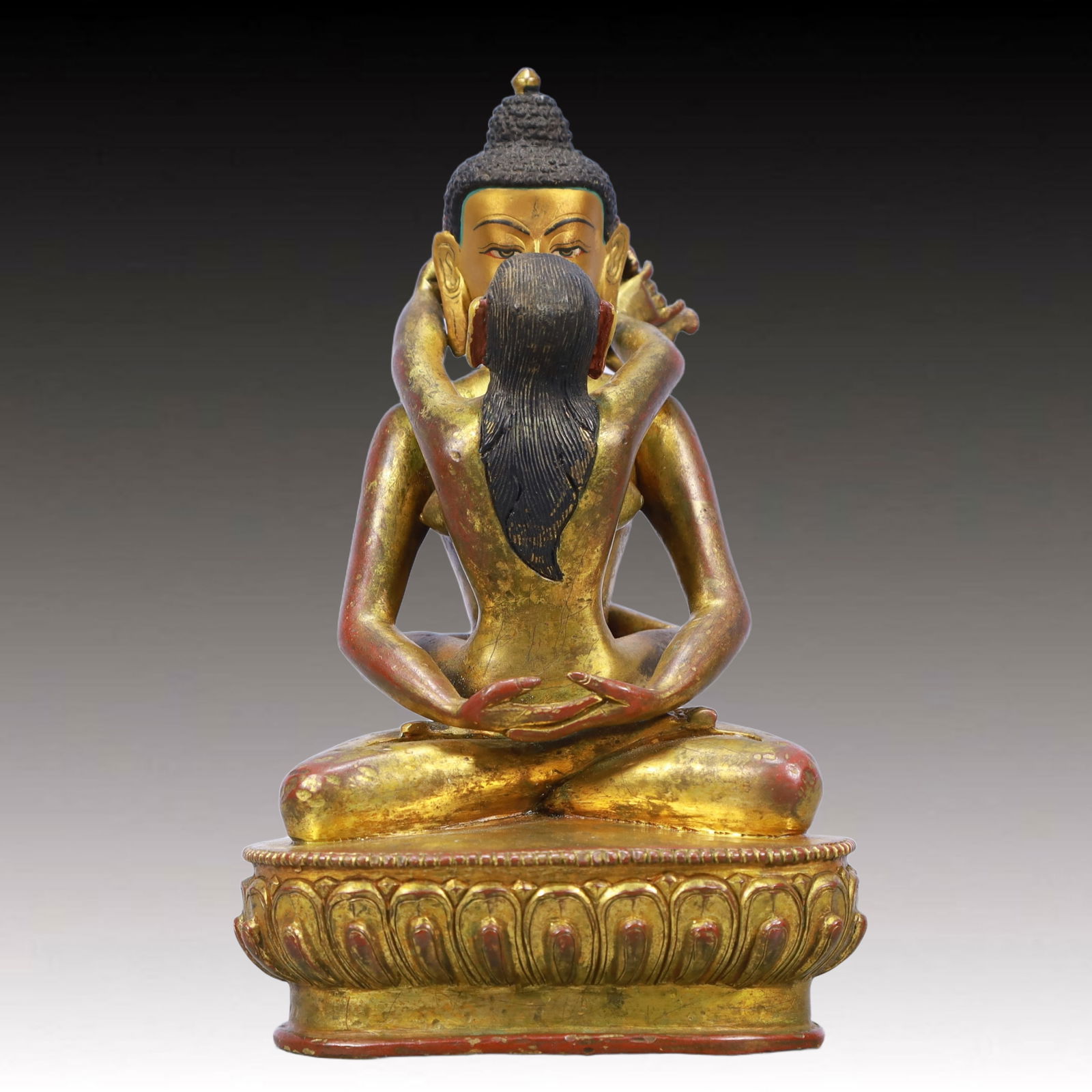 A Solemn Gilt Bronze Statue of Mandkesvara: A Solemn Gilt Bronze Statue of Mandkesvara,Ming Dynasty, China,Size:4.7inx3.1inx7.9in Weight:1800g 铜鎏金欢喜佛像,中国明代