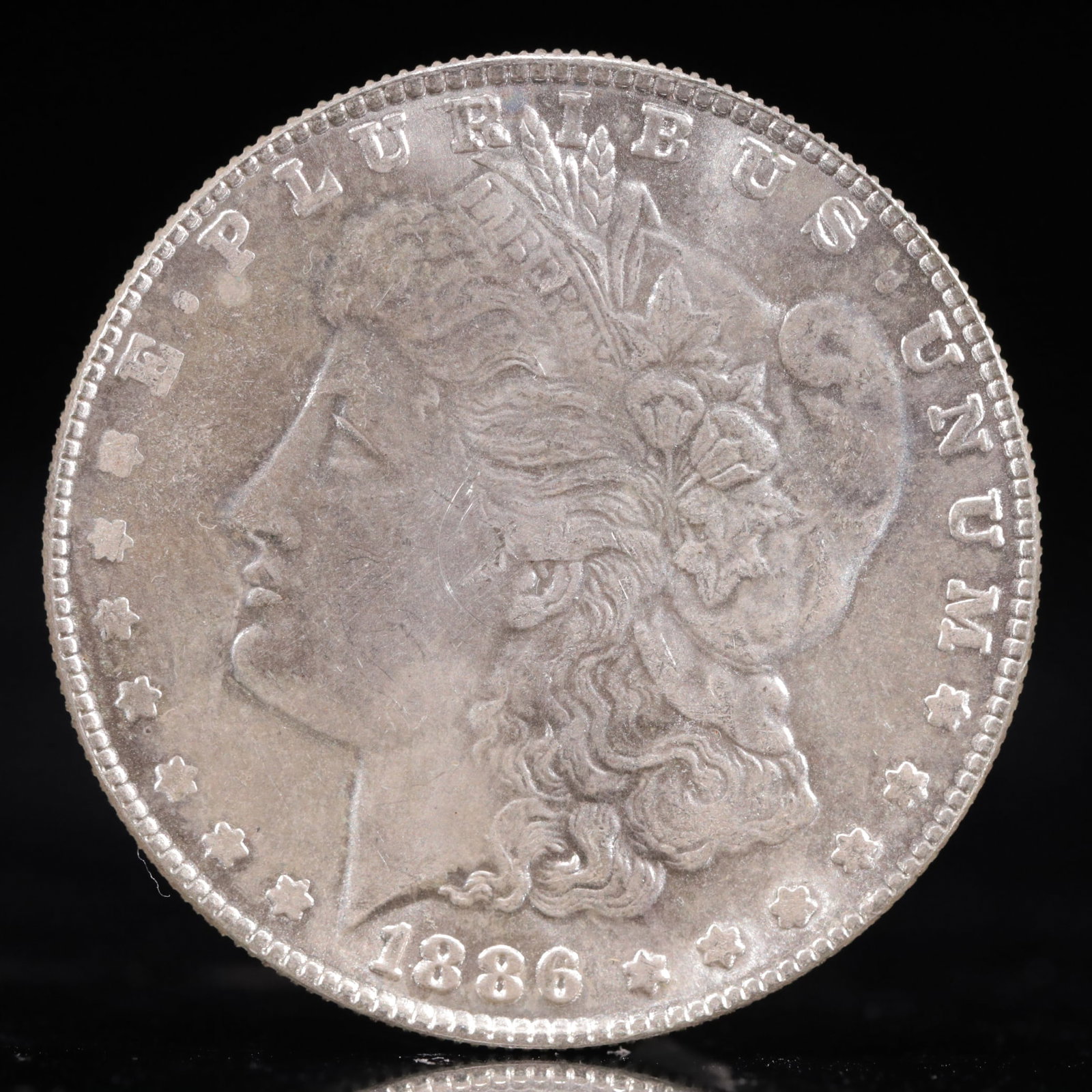 USA Morgan Dollar 1886 Coin: Obv: profile bust with date below and E PLURIBUS UNUM legend and stars around. Rev: eagle with In God we trust above within wreath with UNITED STATES OF AMERICA ONE DOLLAR legend. IN GOD WE TRUST /