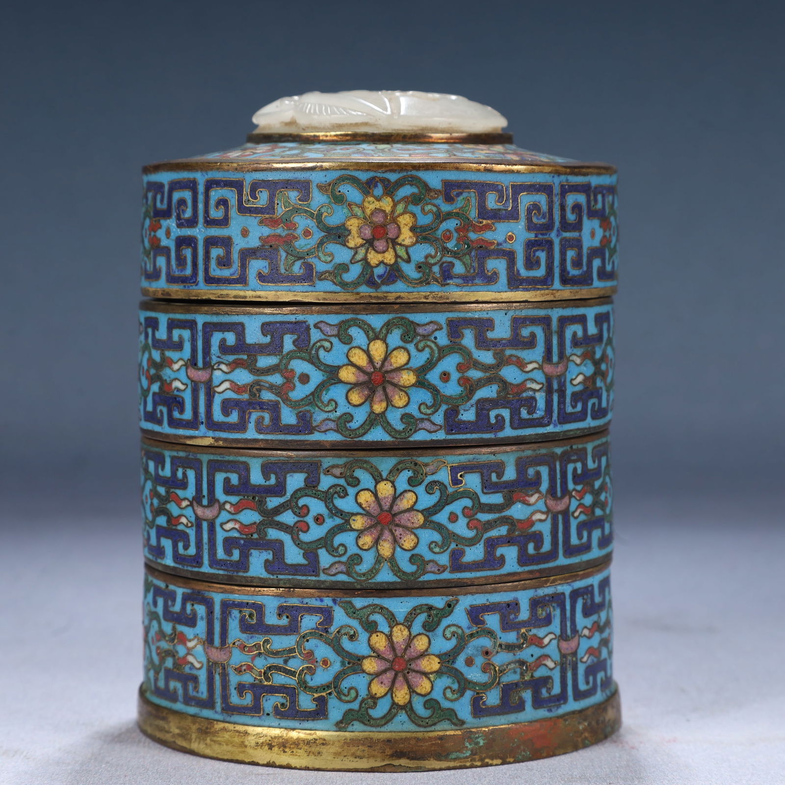 An Exquisite Cloisonne Flower and Bird Pattern Hollow Cover Box,Inlaid White Jade (1 of 8)