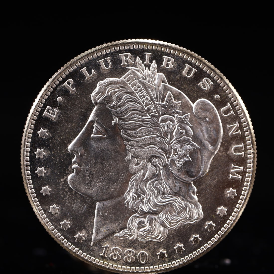 USA Morgan Dollar 1880 Coin: Obv: profile bust with date below and E PLURIBUS UNUM legend and stars around. Rev: eagle with In God we trust above within wreath with UNITED STATES OF AMERICA ONE DOLLAR legend. IN GOD WE TRUST / LI