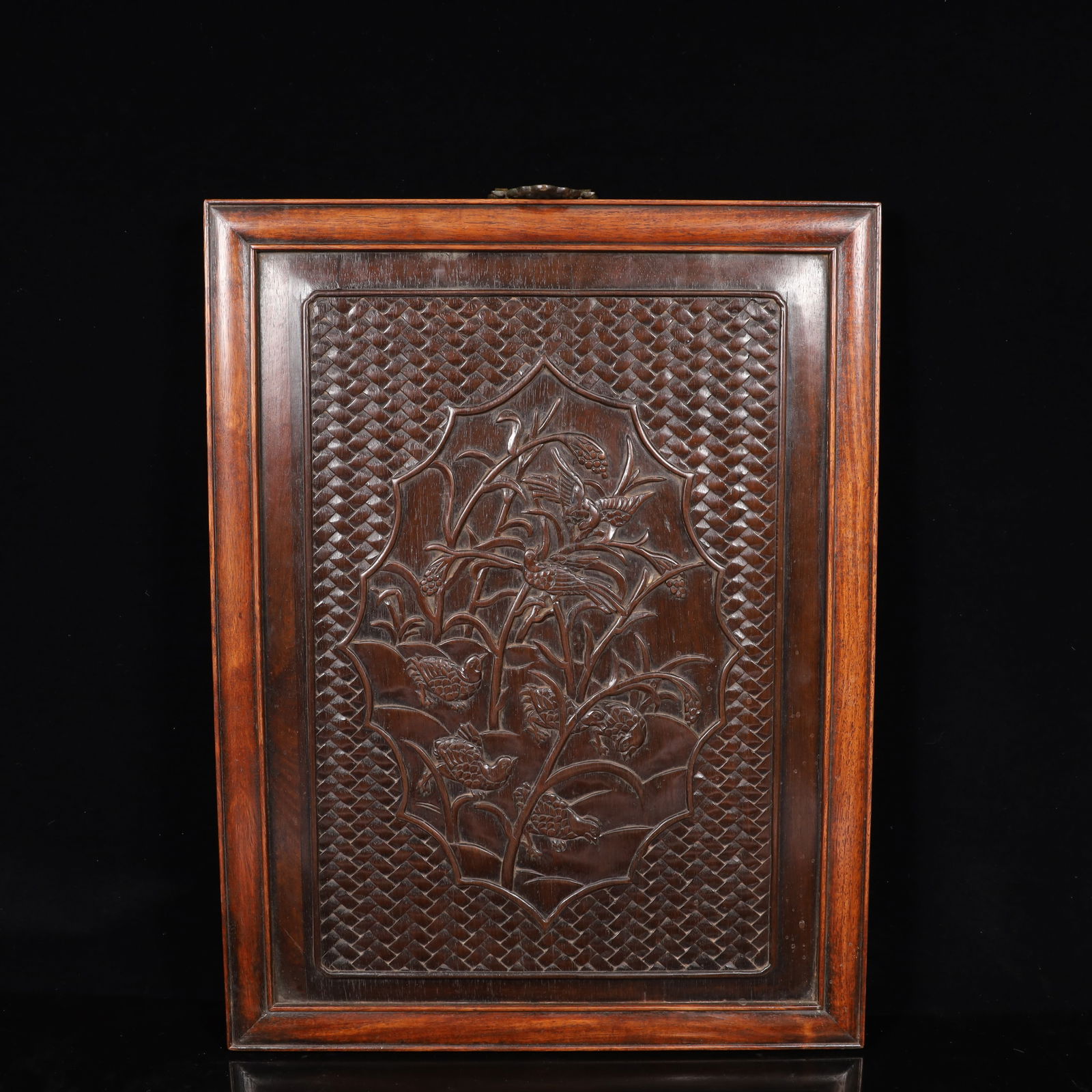 A Huge Huanghuali wood Flower and Bird Pattern Hanging Panel: A Huge Huanghuali wood Flower and Bird Pattern Hanging Panel,Qing Dynasty, China,Size:16.5inx23.2in,Weight:3350g 