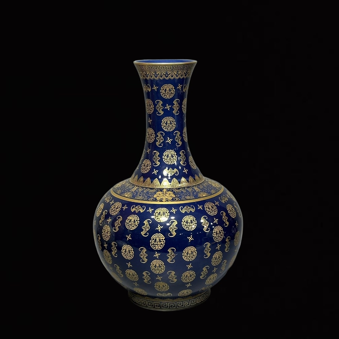 A Huge Ji Blue Glazed Painted Gold Flower Pattern Vase: A Huge Ji Blue Glazed Painted Gold Flower Pattern Vase ,Qing Dynasty,China,Guangxu Six-Character Mark,Size:15.6inx10.4in 霁蓝釉描金花卉纹瓶