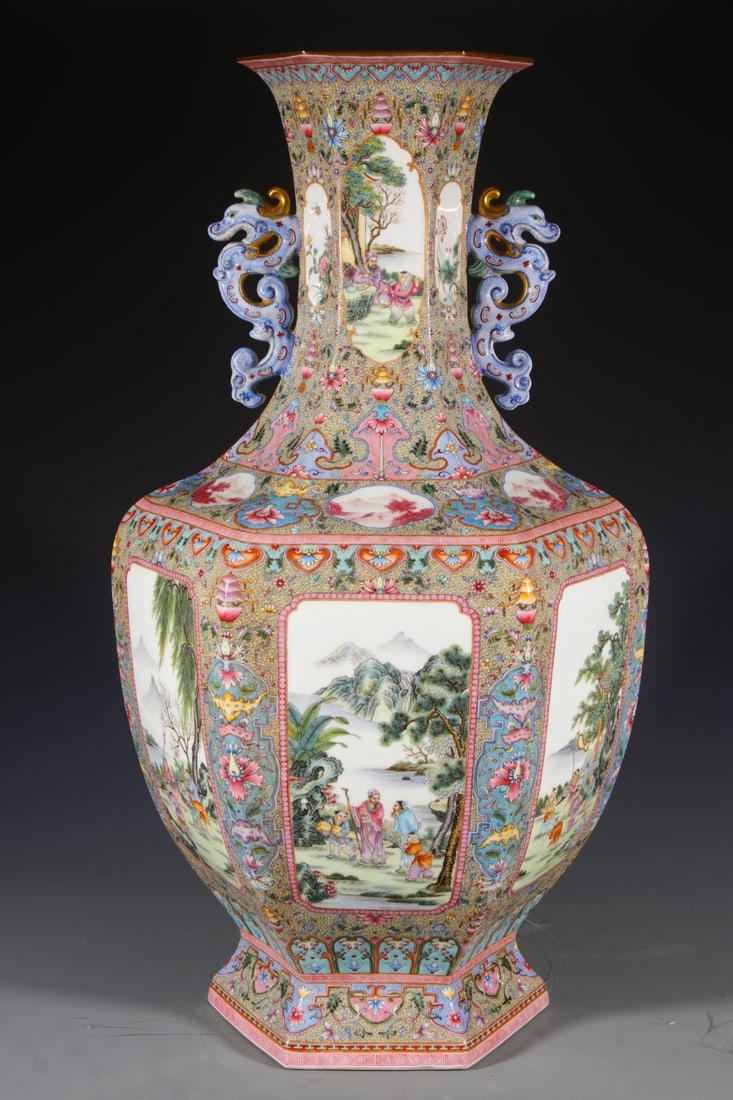 An Exquisite Enamel Landscape and Figure Pattern Double-Ears Vase (1 of 9)