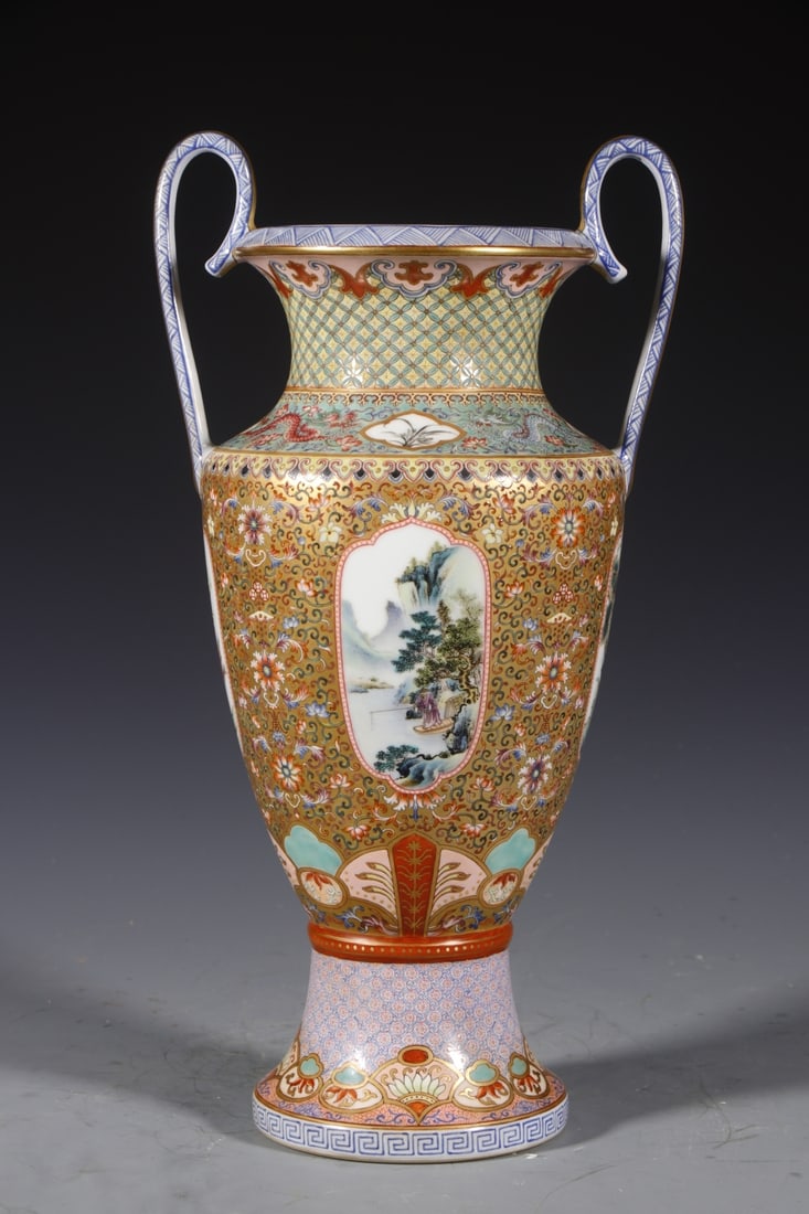 An Exquisite Gold Ground Famille-Rose Landscape Pattern Double-Ears Vase (1 of 8)