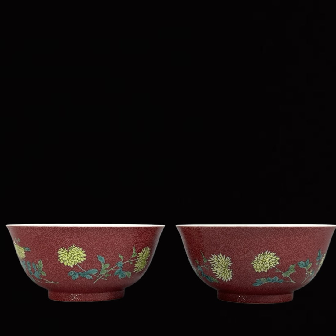 A Pair of Exquisite Enamel Ruby Red Glazed Chrysanthemum Pattern Bowls (1 of 9)