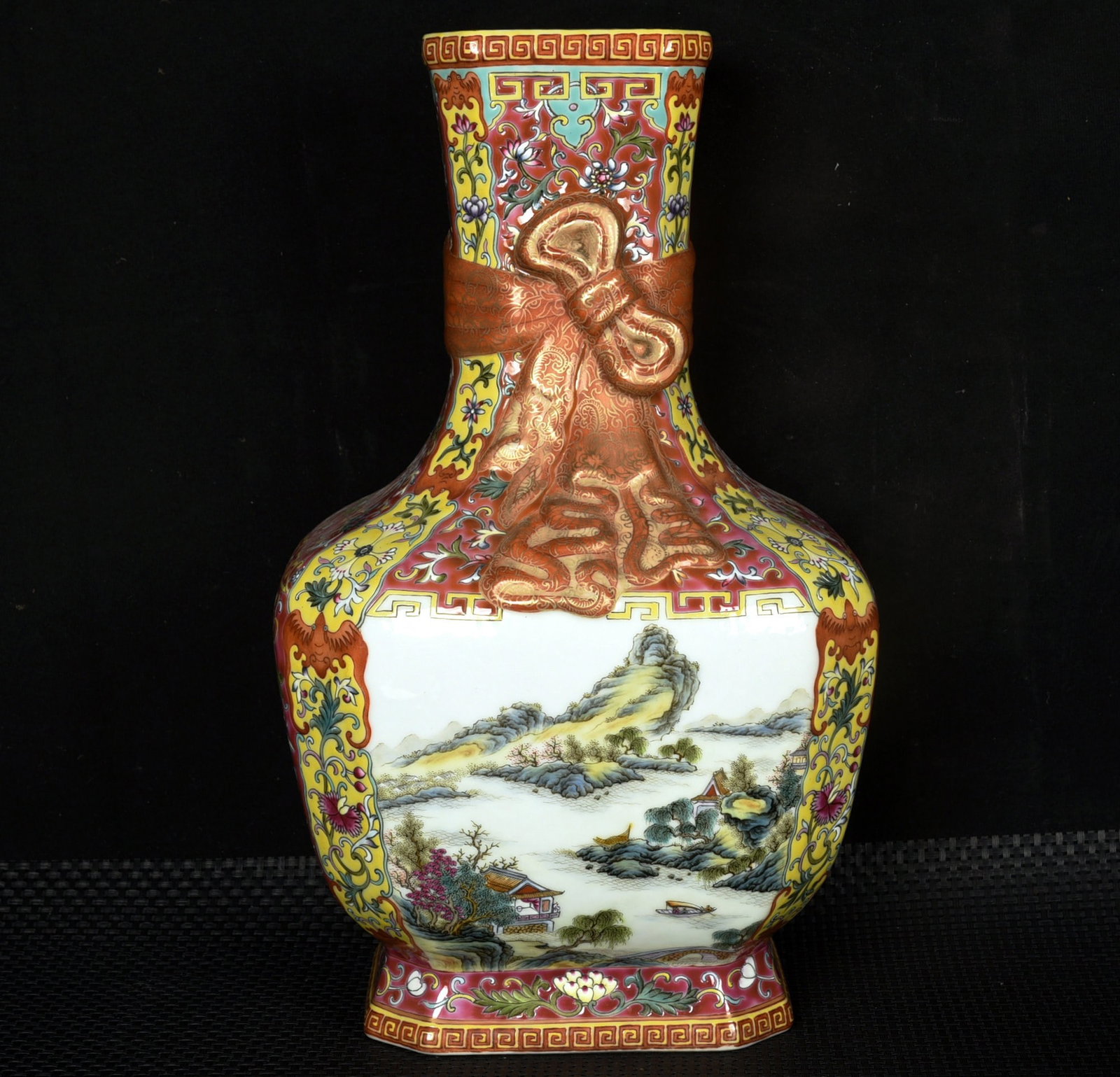 A Rare Red Ground Enamel Painted Gold Landscape Pattern Vase,with Poem (1 of 9)