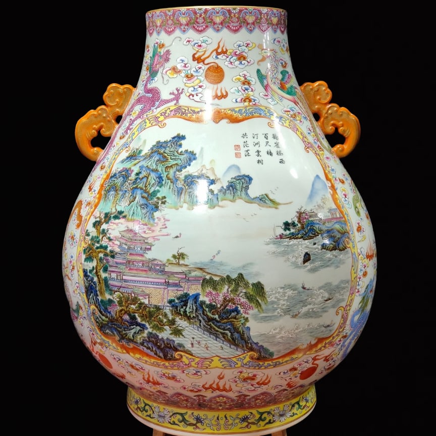 A Huge Famille-Rose Landscape Pattern Double-Ears Jar,with Poem (1 of 9)