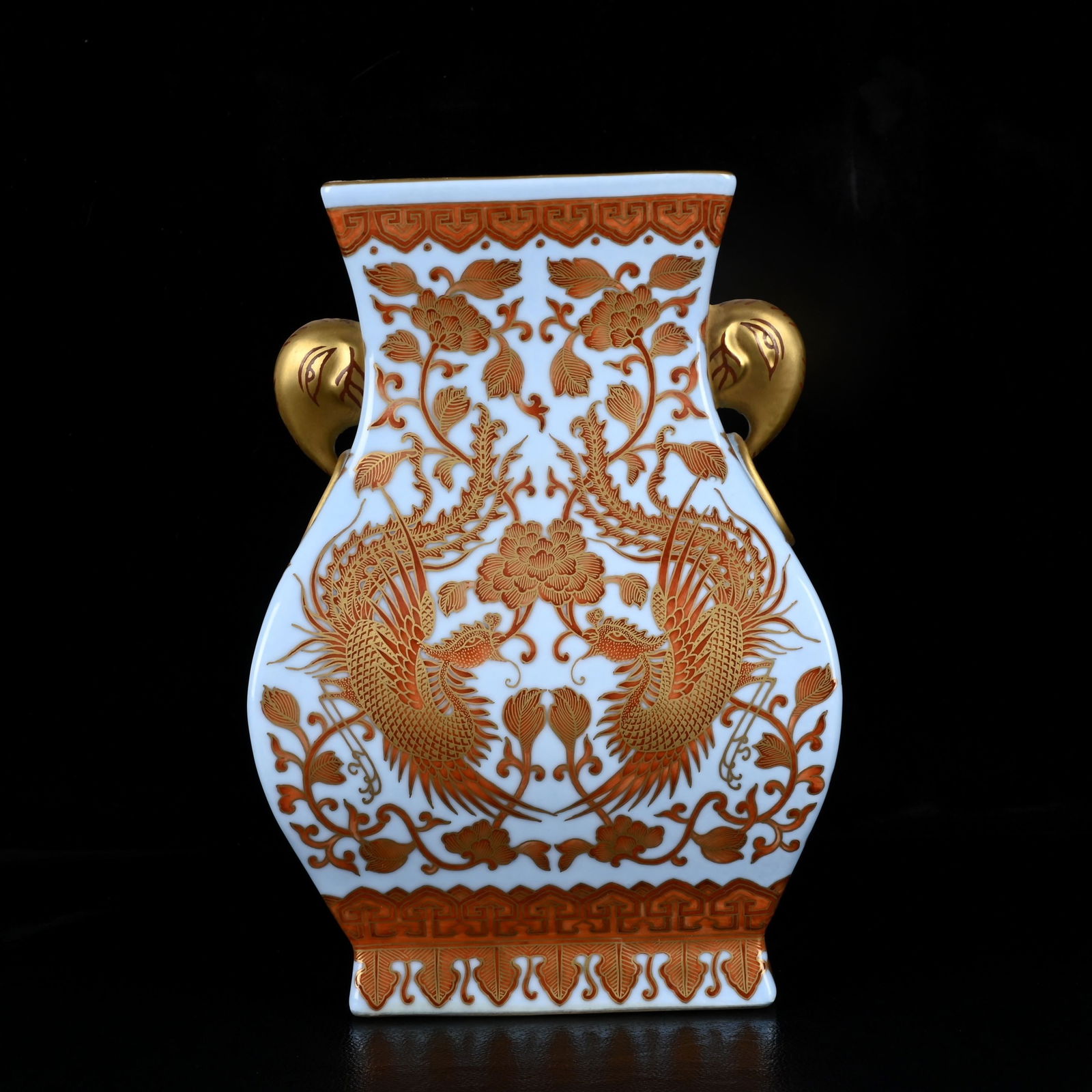 An Exquisite Iron-Red Painted Gold Flower and Phoenix Pattern Beast-Ears Vase (1 of 9)