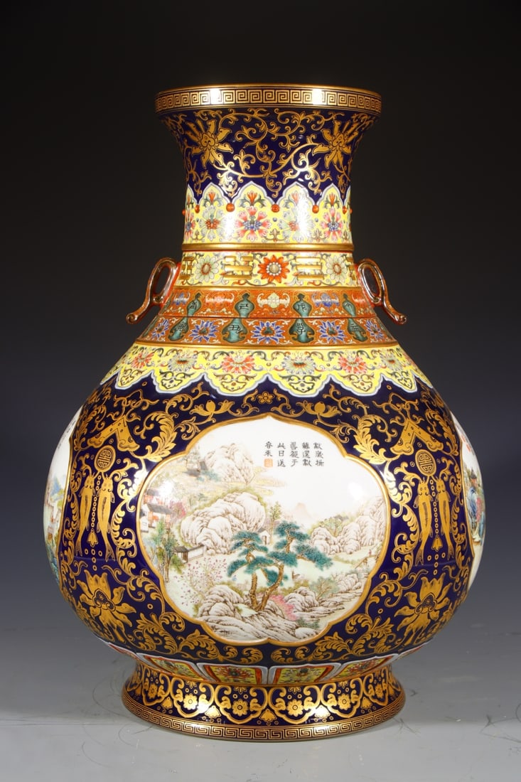 An Exquisite Enamel Painted Gold Landscape Pattern Double-Ears Vase,with poem: An Exquisite Enamel Painted Gold Landscape Pattern Double-Ears Vase,with poem,Qing Dynasty,China,Qianlong Six-character Mark,Size:20.5inx9.6in 珐琅彩描金山水&