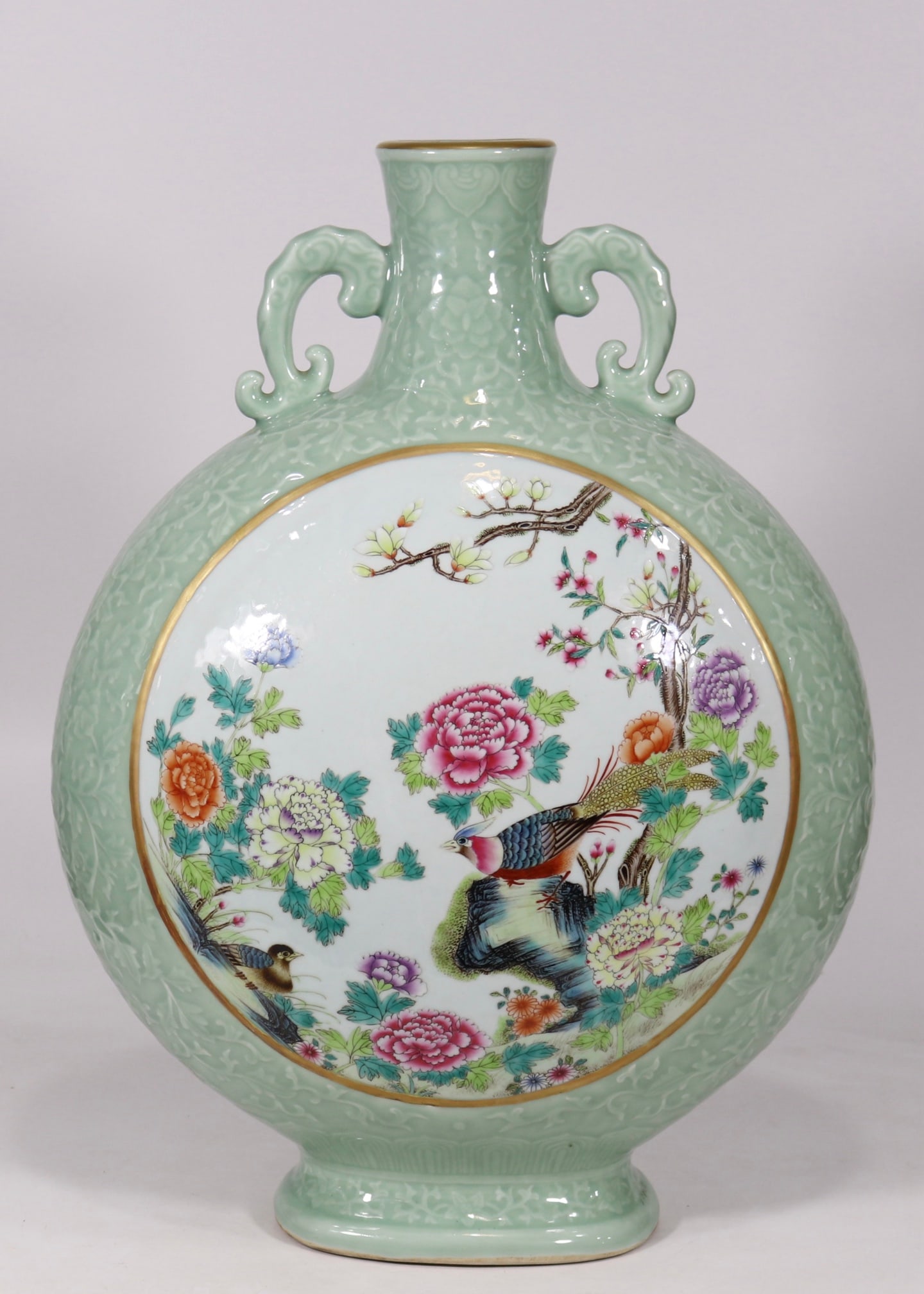 A Huge Celadon Glazed Famille-Rose Flower and Bird Pattern Double-Ears Vase (1 of 9)