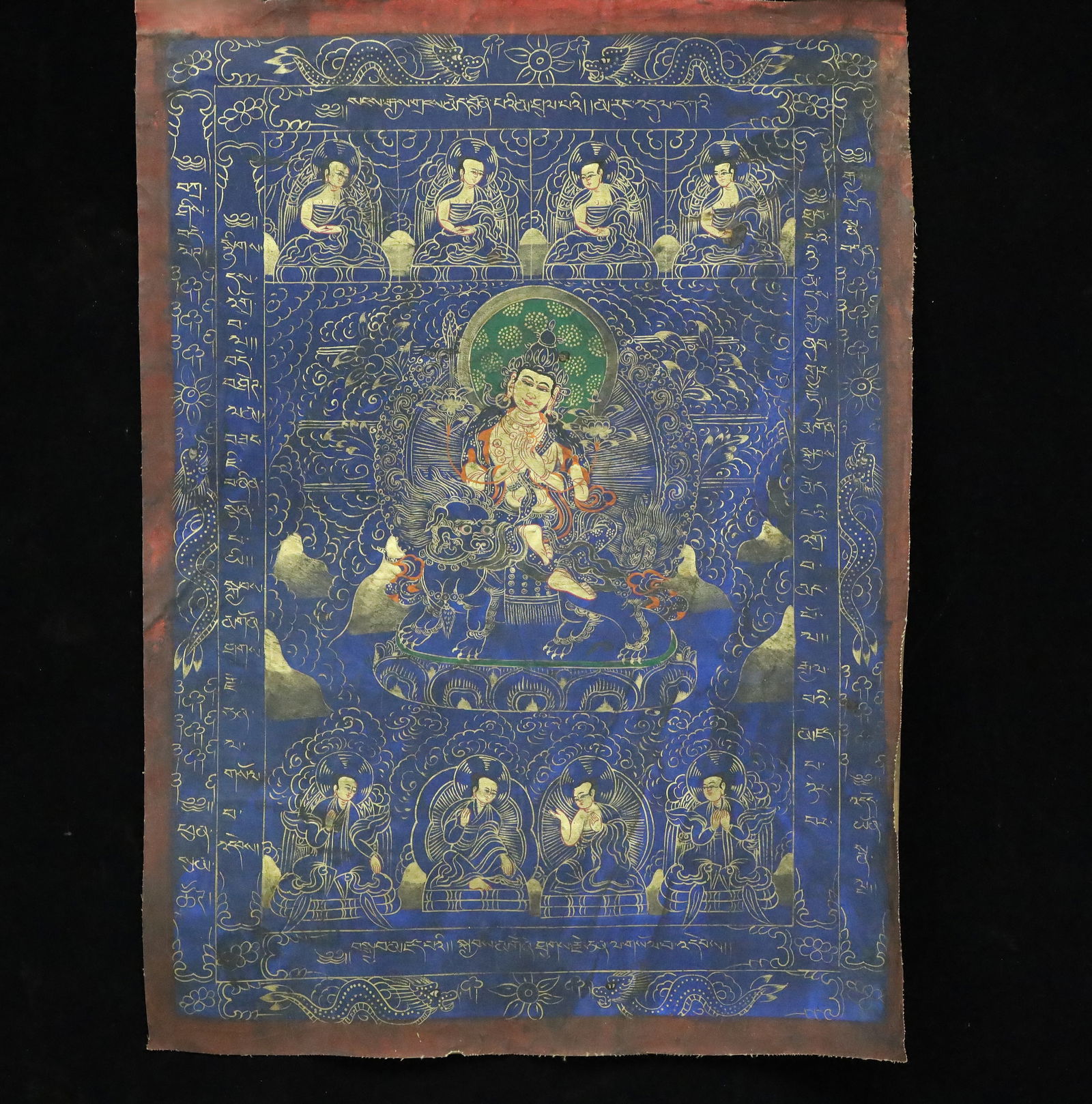 A Rare Brocade Painted Color Statue of Manjusri Tangka: A Rare Brocade Painted Color Statue of Manjusri Tangka,Qing Dynasty, China,Size:17.3inx23.6in 