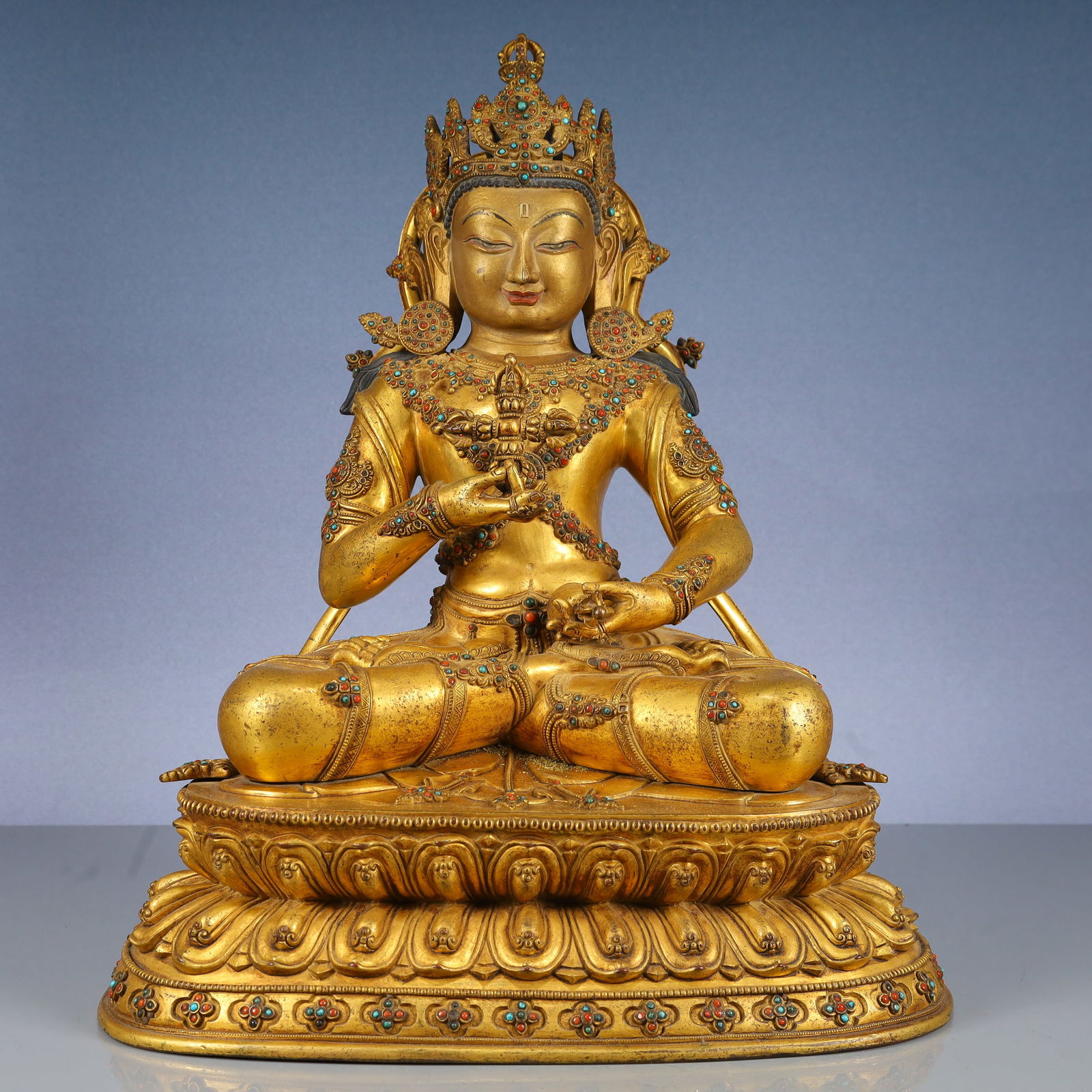 A Solemn Gilt Bronze Statue of Vajra,Inlaid Gems and Turquoise: A Solemn Gilt Bronze Statue of Vajra,Inlaid Gems and Turquoise,Qing Dynasty, China,Size:12.2inx9.1inx15.7in,Weight:12250g 