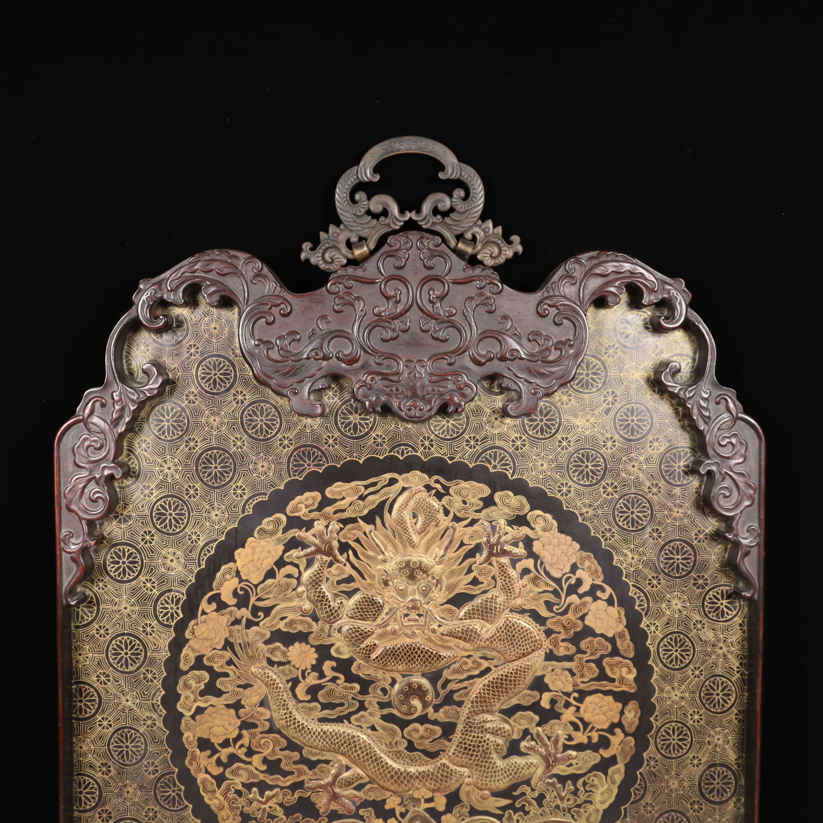 A Huge Lacquerware Painted Gold Auspicious Cloud and Dragon Pattern Hanging Panel - 2