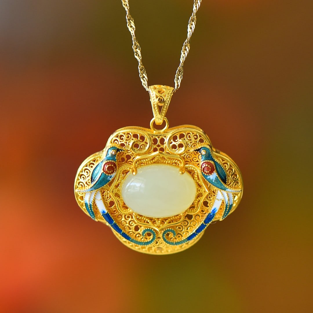 An Exquisite Sterling Silver-Gold Plated Inlaid White Jade Pendant (1 of 5)