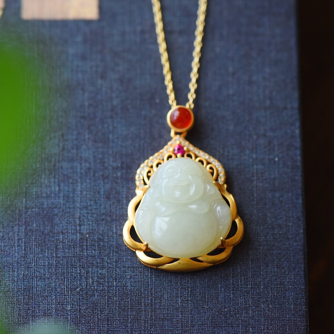 A Pair of Exquisite Sterling Silver-Gold Plated Inlaid White Jade Necklace,Inlaid Diamond (1 of 5)