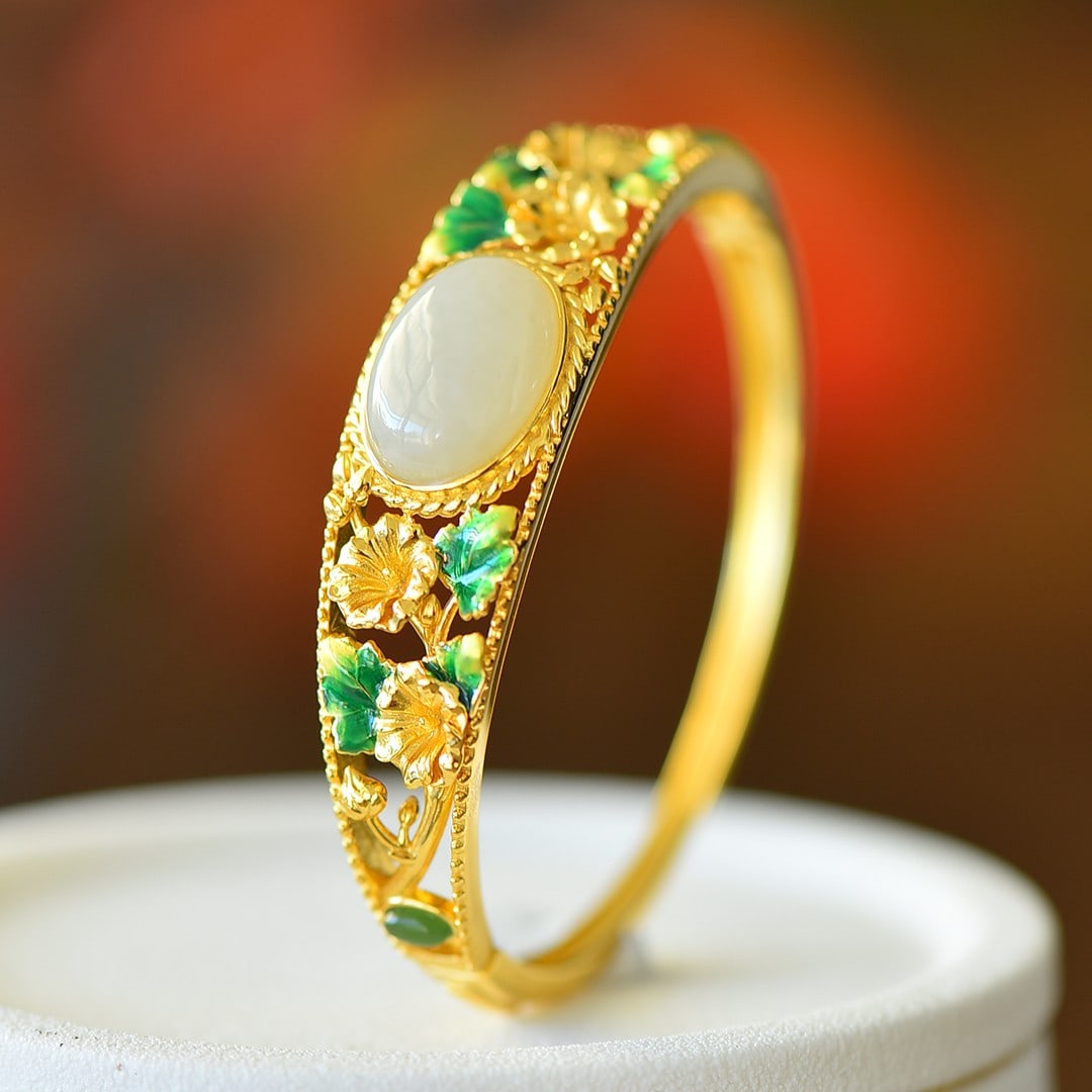 An Exquisite Sterling Silver-Gold Plated Inlaid White Jade Enamel Bracelet (1 of 5)