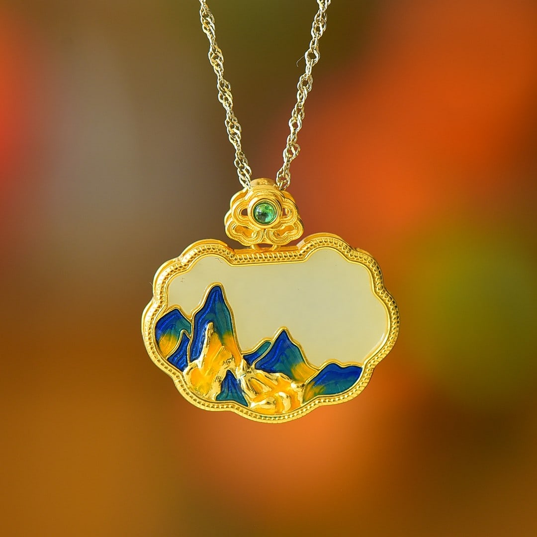 An Exquisite Sterling Silver-Gold Plated Inlaid White Jade Enamel Pendant: An Exquisite Sterling Silver-Gold Plated Inlaid White Jade Enamel Pendant,Size:0.7inx0.9in 纯银镀金镶白玉珐琅吊坠