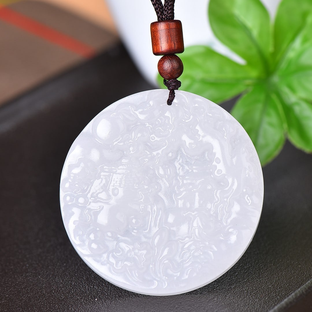 An Exquisite Jadeite Landscape Pattern Pendant: An Exquisite Jadeite Landscape Pattern Pendant,Size:2inx2in 翡翠山水纹挂件