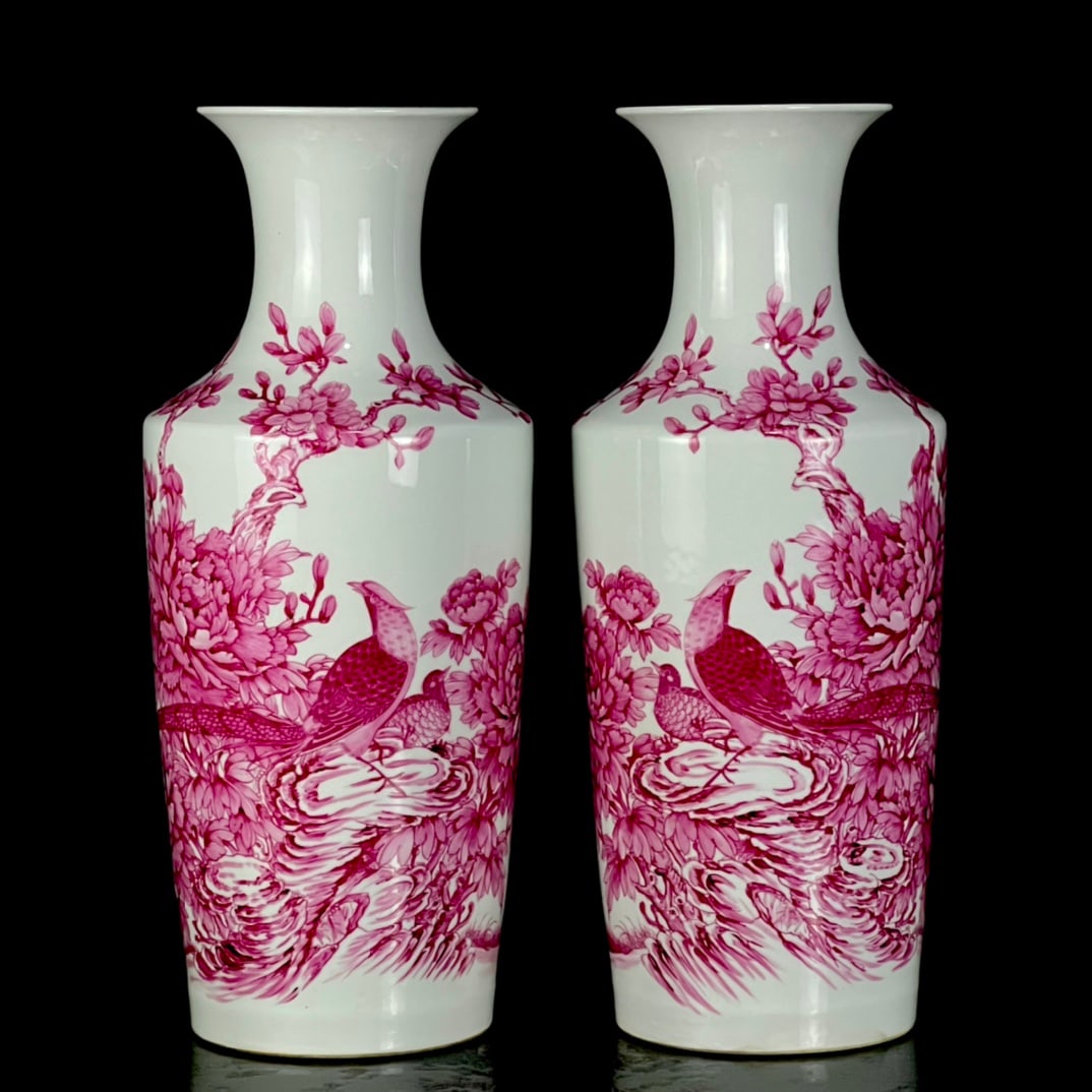 A Pair of Huge Ruby Red-Glazed Flower and Bird Pattern Vases (1 of 9)