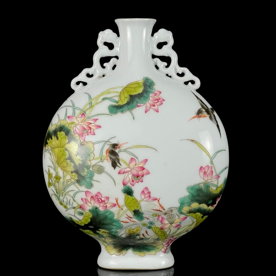 An Exquisite Enamel Painted Gold Flower and Bird Pattern Dragon-Ears Vase,With Poem (1 of 9)