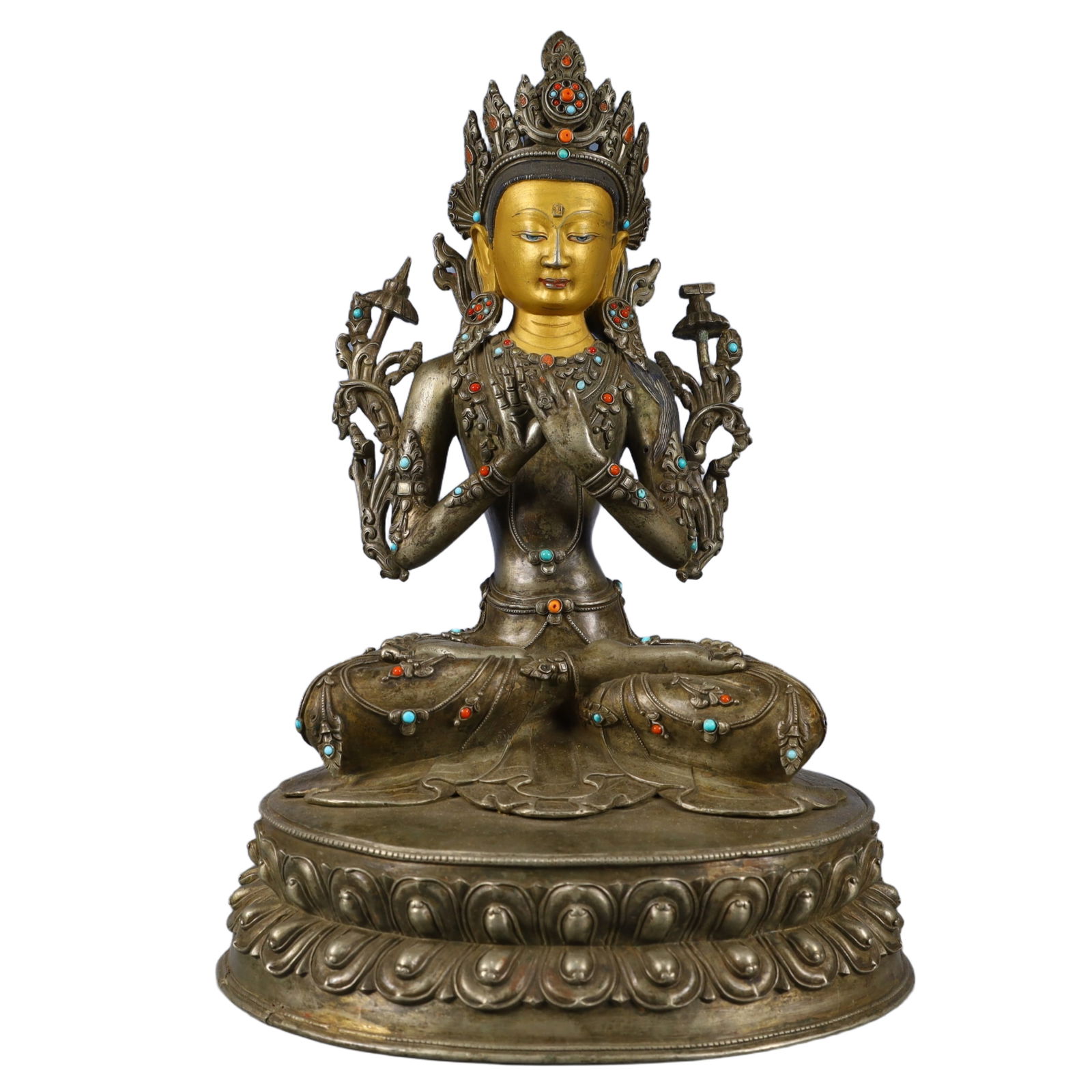 A Solemn Gilt Bronze Statue of Tara,Inlaid Gems and Turquoise: A Solemn Gilt Bronze Statue of Tara,Inlaid Gems and Turquoise,Qing Dynasty, China,Size:9.3inx8.7inx13in,Weight:5000g 铜鎏金度母像,嵌宝石绿&#
