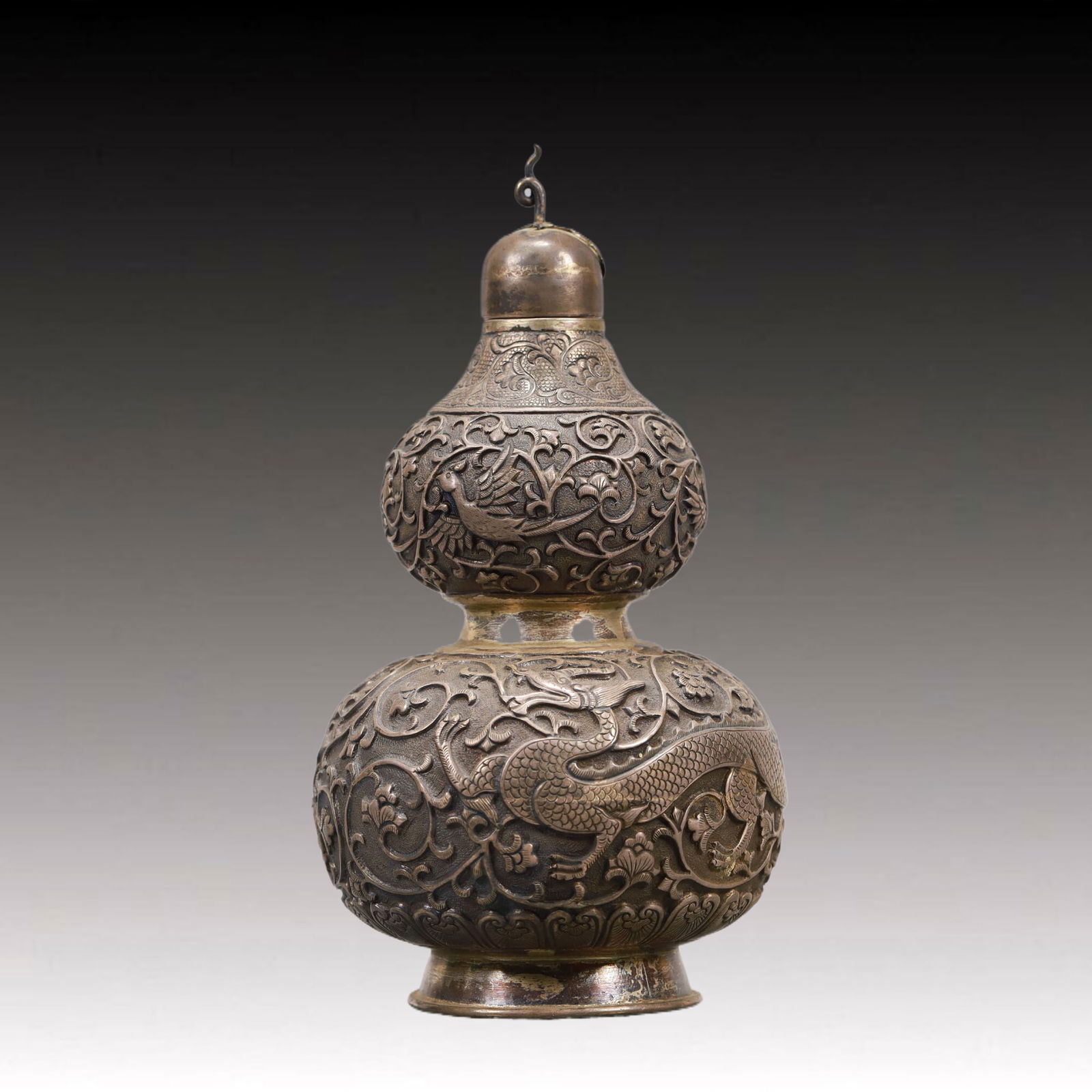 A Precious Silver 'Scrolling Lotus& Dragon' Gourd-Form Vase (1 of 7)