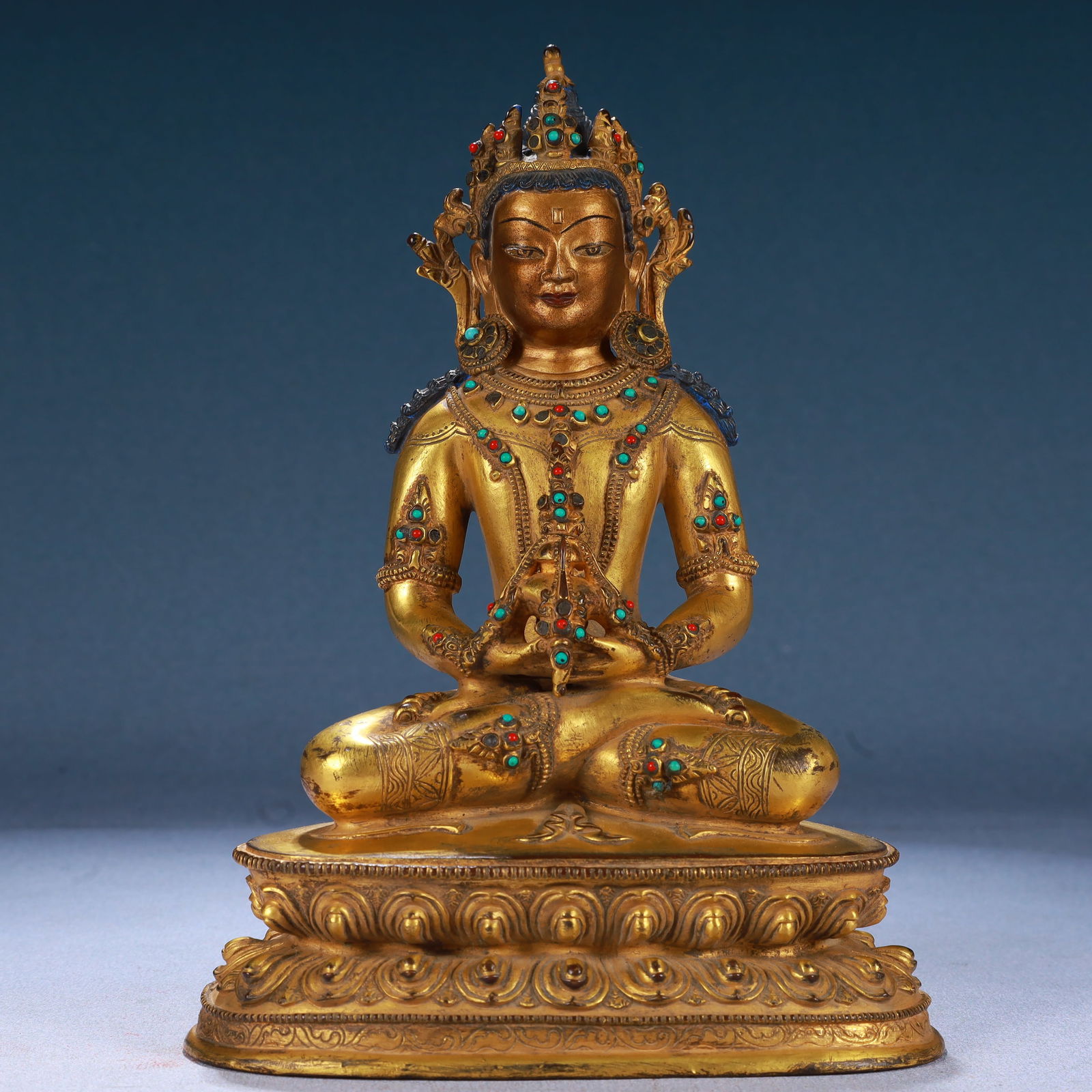 A Solemn Gilt Bronze Statue of Amitayus,Inlaid Gems and Turquoise (1 of 10)