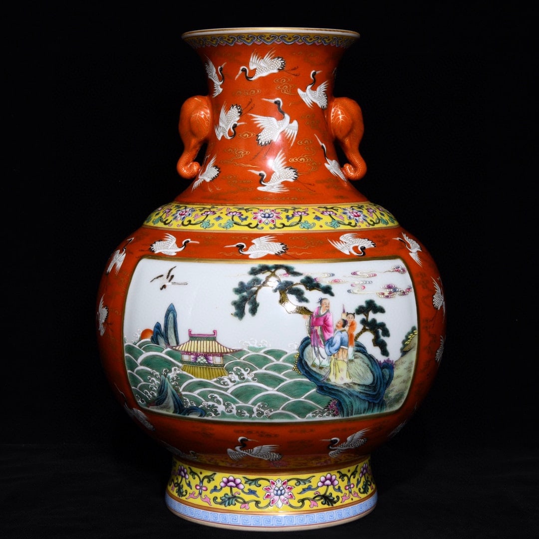 A Rare Iron-Red Glazed Famille-Rose Painted Gold Seawater,Figure and Crane Pattern Elephant-Ears (1 of 9)