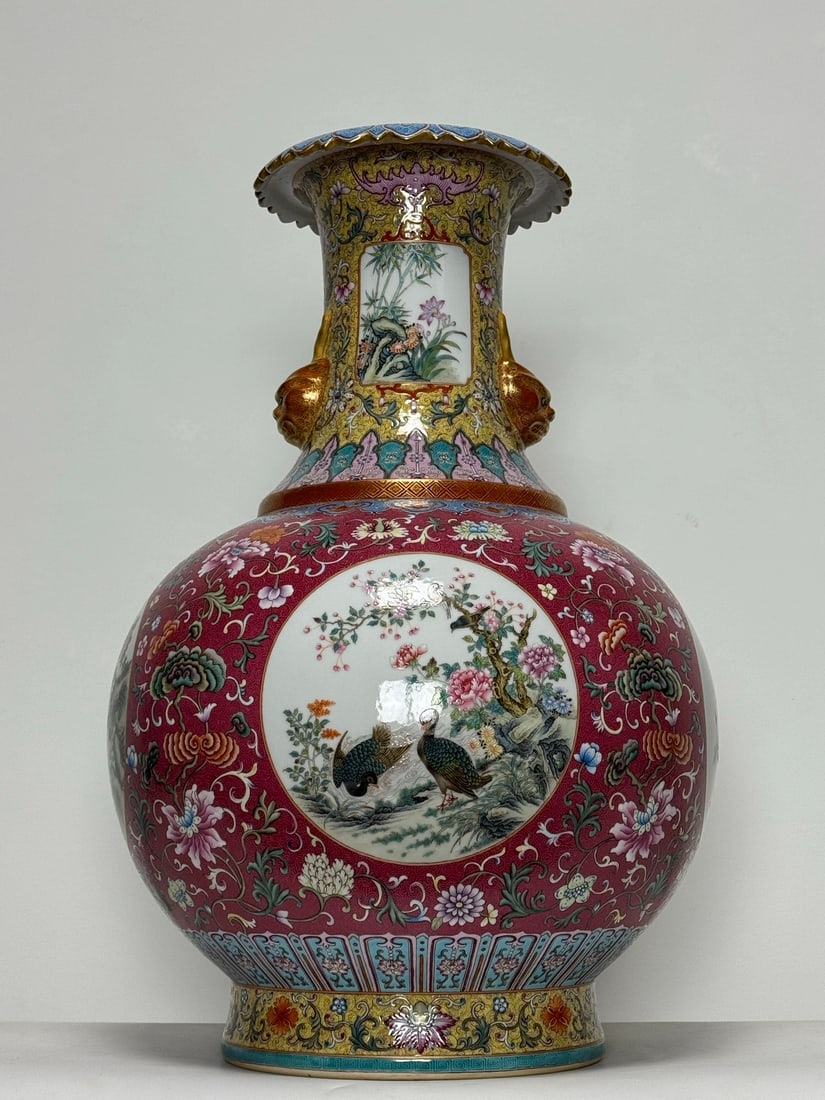 A Huge Enamel Ruby Red Ground Flower and Bird Pattern Beast-Ears Vase (1 of 15)