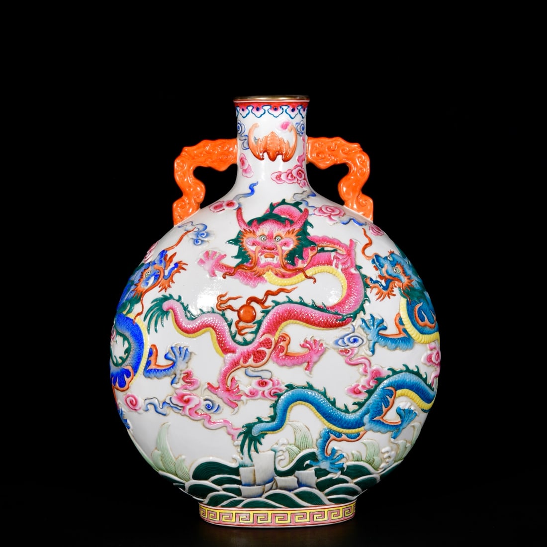 A Rare Famille-Rose Seawater,Auspicious Cloud and Dragon Pattern Double-Ears Vase (1 of 9)