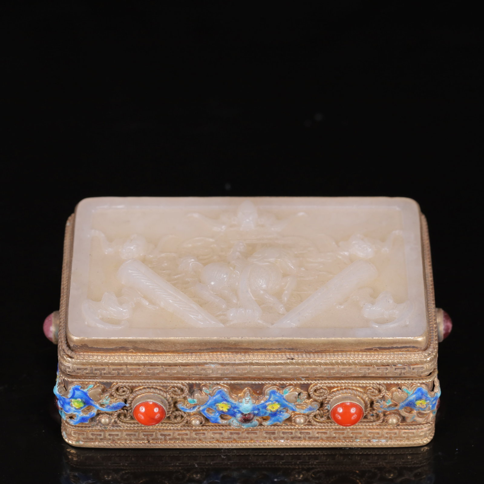 An Exquisite Silver Inlaid White Jade Bats and Peach Pattern Box,Inlaid Gems (1 of 7)