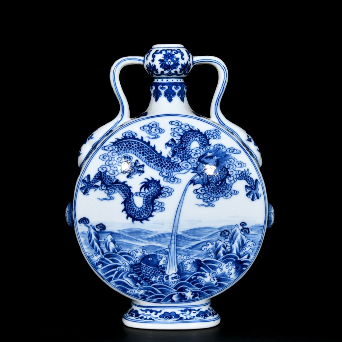 An Exquisite Blue and White Seawater,Auspicious Cloud and Dragon Pattern Double-Ears Vase: An Exquisite Blue and White Seawater,Auspicious Cloud and Dragon Pattern Double-Ears Vase,Qing Dynasty, China,Qianlong Six-character Mark,Size:11inx8.3in 