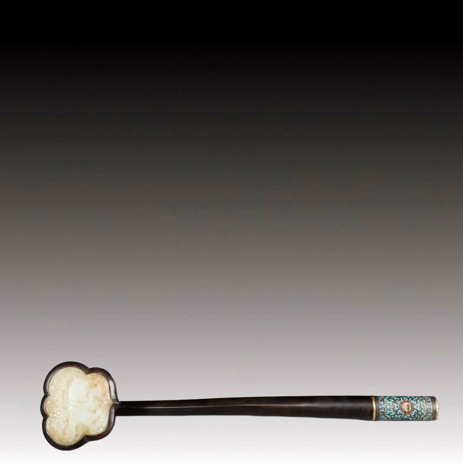 A Rare Bronze Cloisonne Inlaid White Jade Lion Pattern Ruyi: A Rare Bronze Cloisonne Inlaid White Jade Lion Pattern Ruyi,Qing Dynasty, China,Size:16.5inx3.5inx3.1in,Weight:550g 