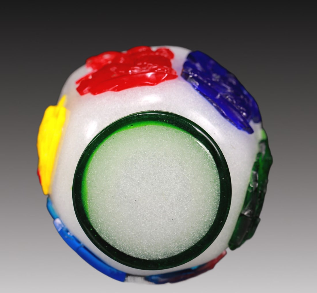 A Multi-Color Overlay White Glass 'Flower, Bird, Figure' Jar And Cover: A Multi-Color Overlay White Glass 'Flower,Bird,Figure' Jar And Cover. Enameled in polychrome with gnarled trees and a robed figure seated on a horse. Chinese Qing Dynasty. Qianlong Four-Character