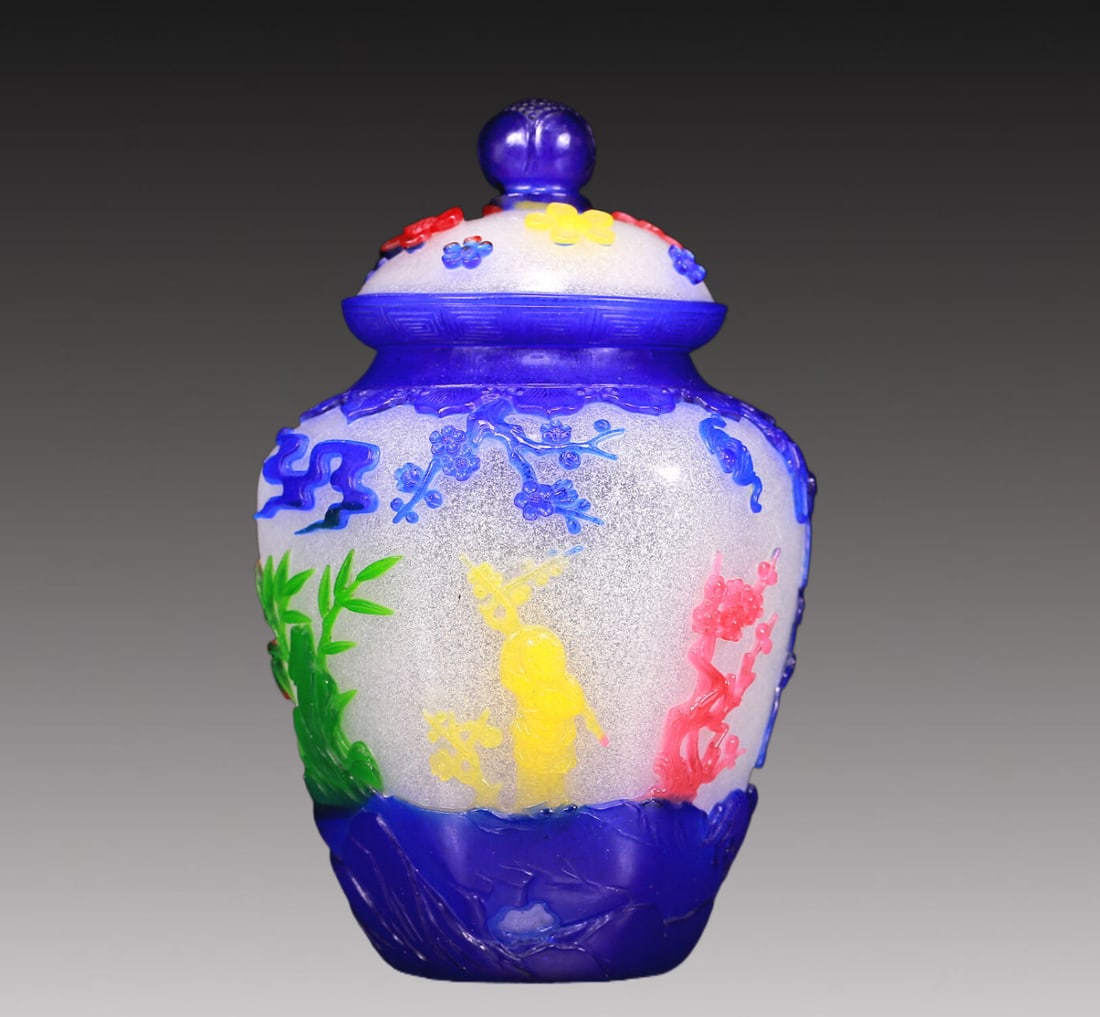 A Multi-Color Overlay White Glass 'Flower, Bird, Figure' Jar And Cover (1 of 9)