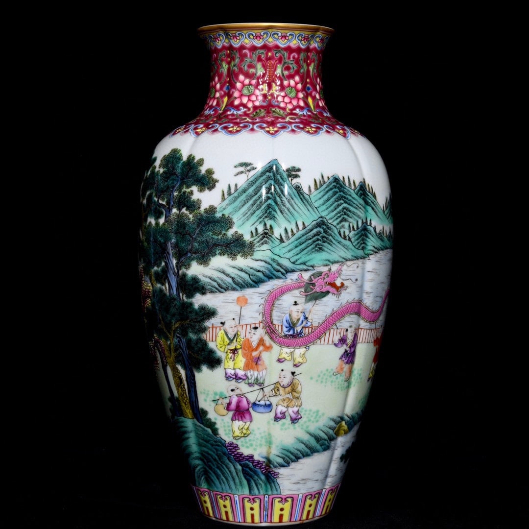 A Rare Famille-Rose Painted Gold Landscape and Figure Pattern Vase (1 of 9)