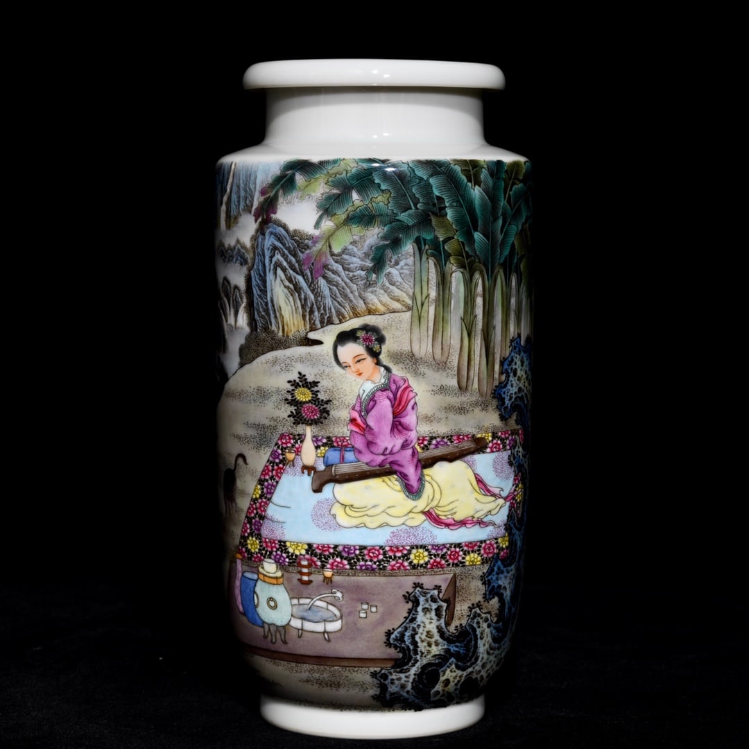 An Exquisite Famille-Rose Woman Pattern Vase,With Poem: An Exquisite Famille-Rose Woman Pattern Vase,With Poem,Qing Dynasty, China,Yongzheng Four-character Mark,Size:8.1inx3.9in 粉彩仕女纹瓶,带诗文,