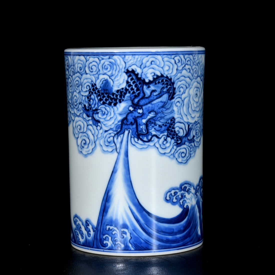 An Exquisite Blue and White Seawater,Auspicious Cloud and Dragon Pattern Brush Pot,With Poem (1 of 9)