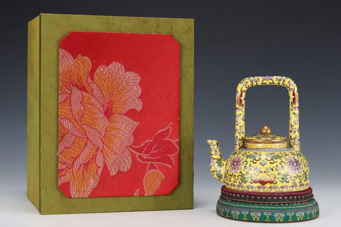 An Exquisite Enamel Yellow Ground Painted Gold Lotus Pattern Loop-Handled Pot: An Exquisite Enamel Yellow Ground Painted Gold Lotus Pattern Loop-Handled Pot,Qing Dynasty, China,Yongzheng Four-character Mark,Size:5.7inx4.9in 