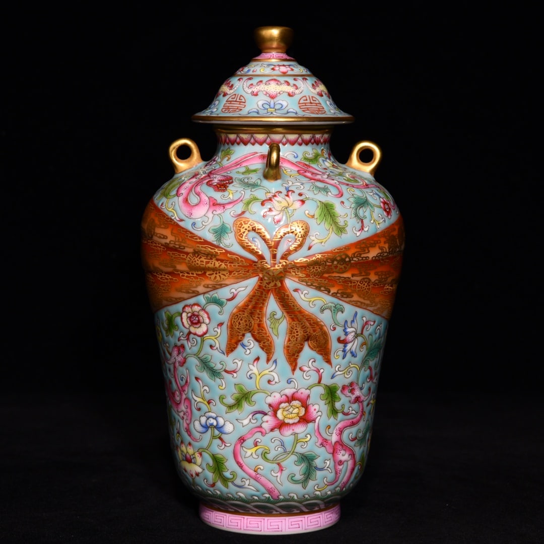An Exquisite Turquoise Ground Famille-Rose Painted Gold Lotus and Dragon Pattern Four Ears Bottle (1 of 9)